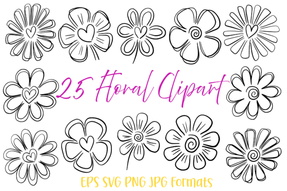 25 Squiggle Doodle Hand Drawn Flowers Graphics