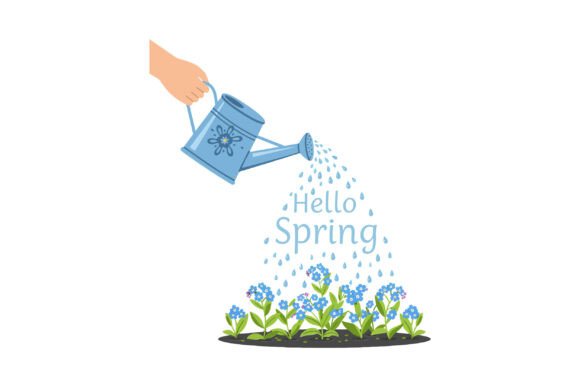 A Hand Watering Vibrant Blue Flowers