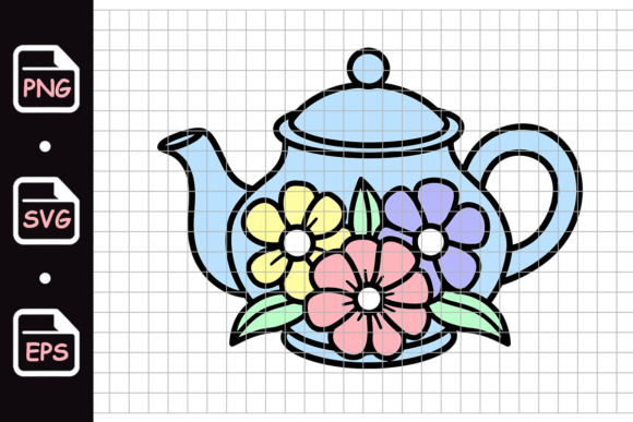Blue Teapot with Colorful Flowers Graphics