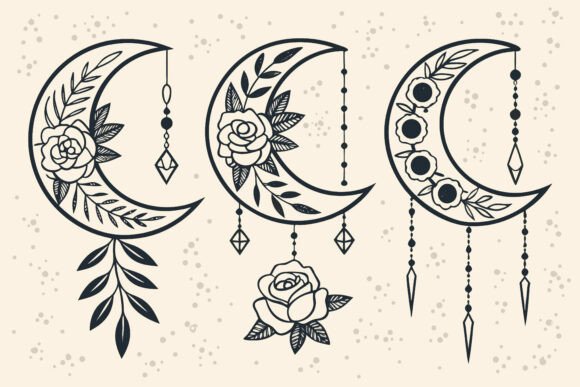 Boho Crescent Moons with Roses Graphics