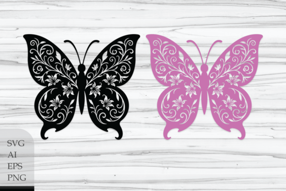 Butterfly Silhouette with Flowers Graphics