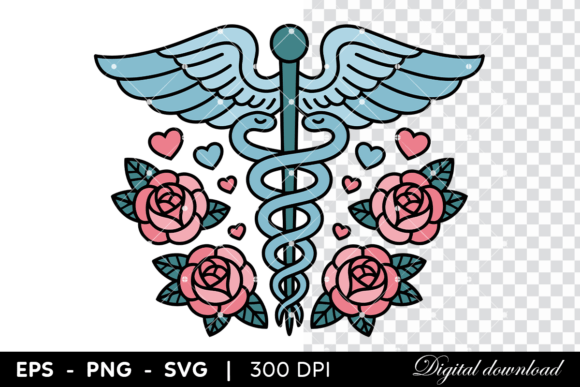 Caduceus with Roses and Heart Motifs Graphics