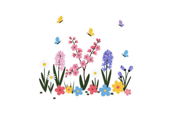 Colorful Flowers with Butterflies in Fla Graphics