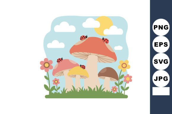 Colorful Mushrooms with Ladybugs Flowers Graphics