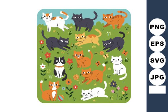 Cute Cats Playing in Garden with Flowers Graphics