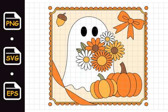 Cute Ghost with Flowers and Pumpkins Graphics