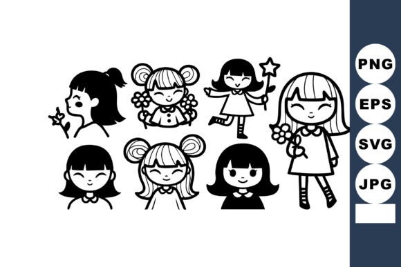 Cute Girls with Magic Wands and Flowers – A Playful Graphic Asset for Branding