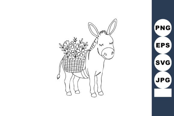 Donkey Carrying Basket of Flowers Simple Graphics
