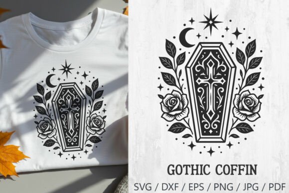 Gothic Coffin with Cross and Roses SVG