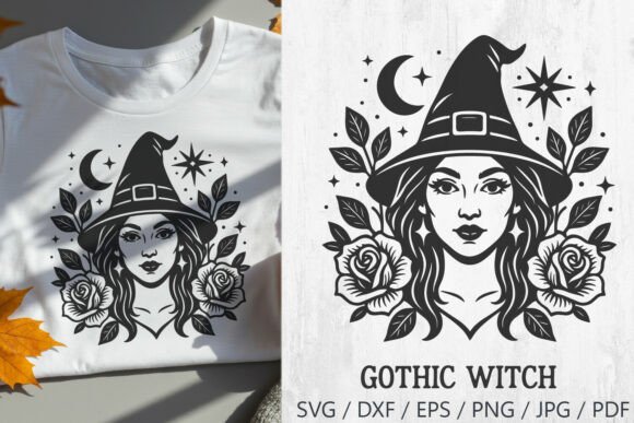Gothic Witch with Moon, Stars and Roses Graphics