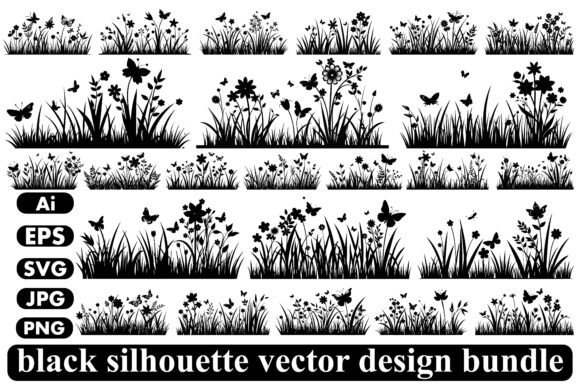 Grass Flowers Butterflies Silhouette