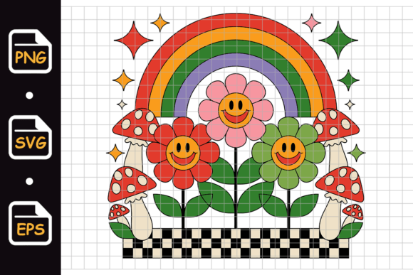 Groovy Smiley Flowers and Rainbow Graphics