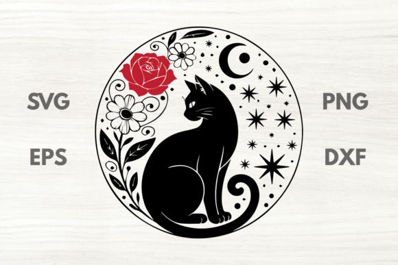 Melancholic Black Cat with Flowers SVG
