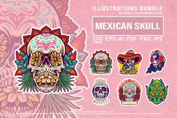 Mystical Mexican Skulls with Flowers Set Graphics