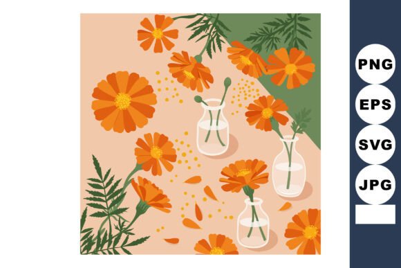 Orange Marigold Flowers with Green Leaves Graphics