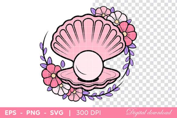 Pink Seashell with Pearl and Flowers – A Versatile Graphic Design Asset