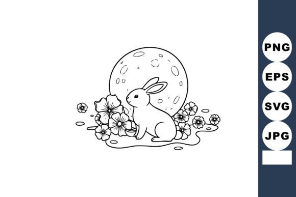 Rabbit with Moon and Flowers Vector Illu for Local Branding
