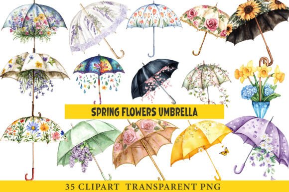 Spring Flowers Umbrella Clipart Graphics for Editorial Design