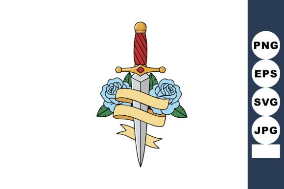 Sword with Blue Roses and Wrapped Banner Graphics