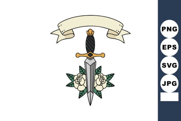 Sword with White Roses and Blank Banner Graphics