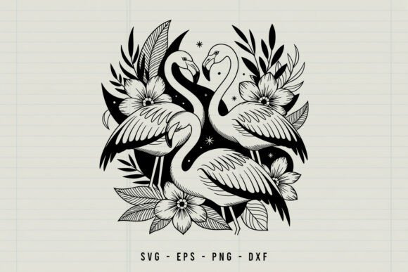 Tropical Flamingo Line Art with Flowers Graphics