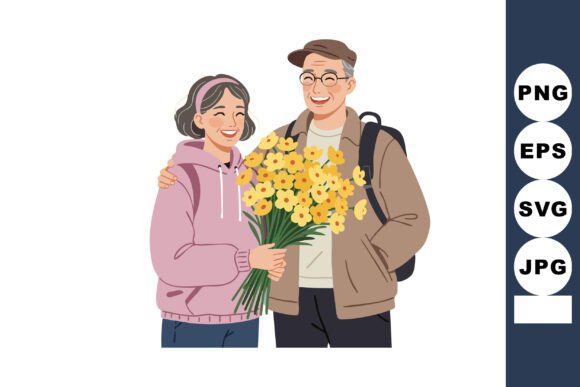 Warmth in Design: Elderly Couple Holding Yellow Flowers Ou