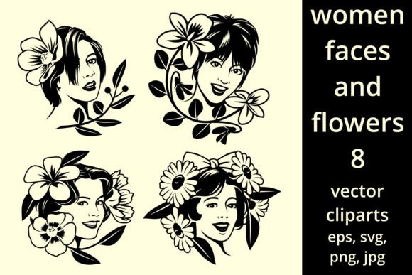 Women Faces with Flowers Around Graphics
