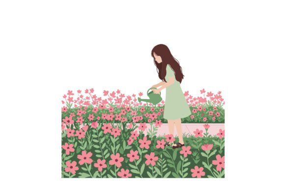 Young Girl Watering Vibrant Pink Flowers Graphics